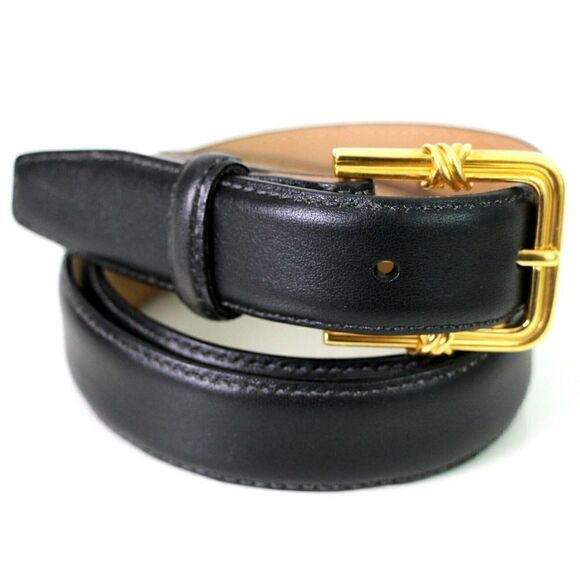 AUTH TIFFANY 1992 SOLID 18K 750 22g GOLD BUCKLE BLACK LEATHER SKINNY BELT 28 USA - Picture 7 of 12